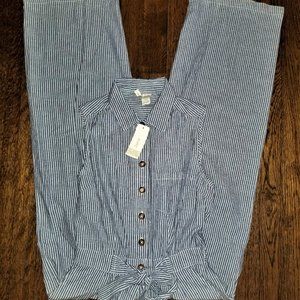 Gray/White Stripe Collared Cropped Jumpsuit-S